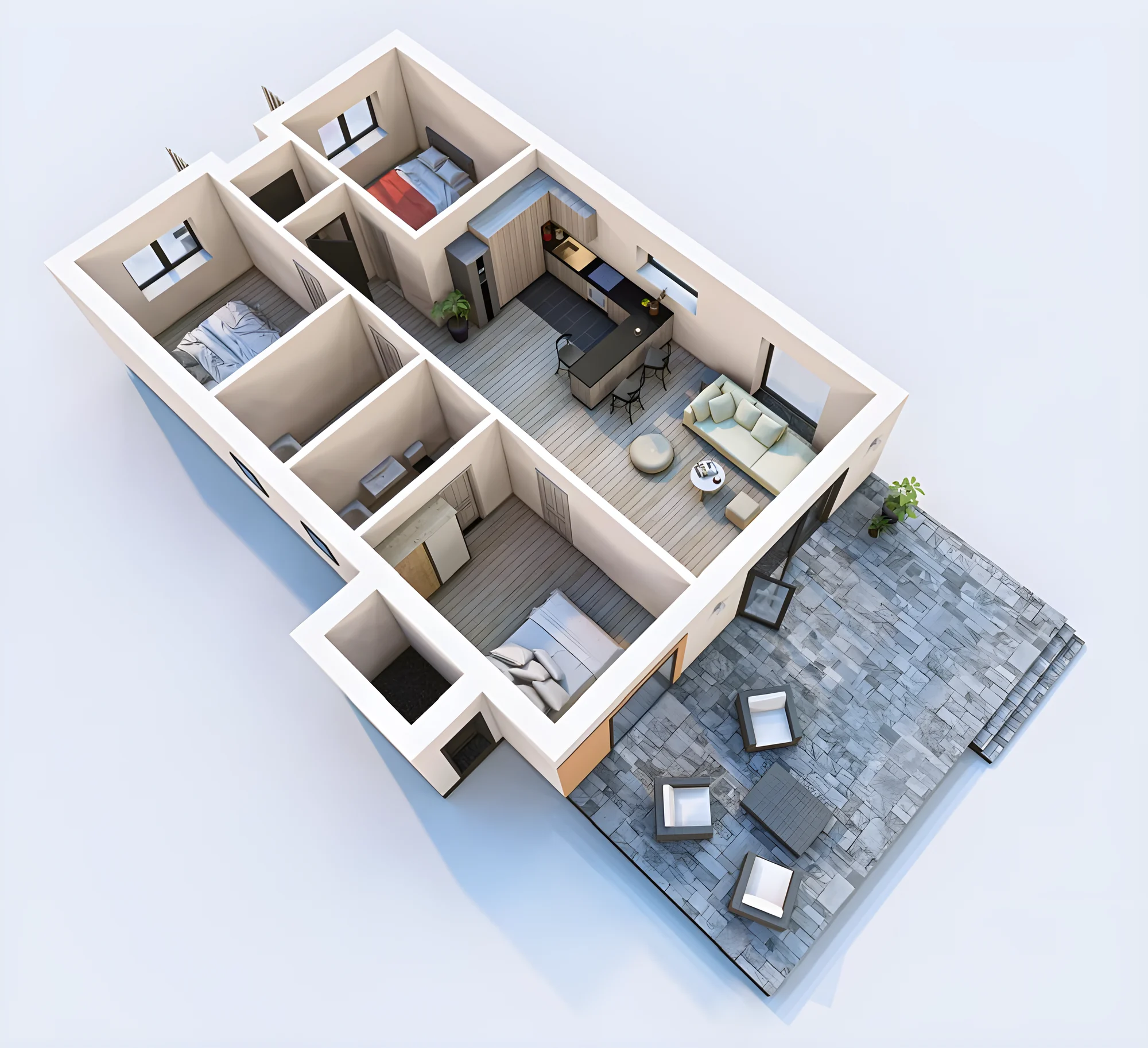 Planul casei pe parter în 3D, 105 m² utili: 3 dormitoare, 2 băi, living cu bucătărie deschisă și terasă